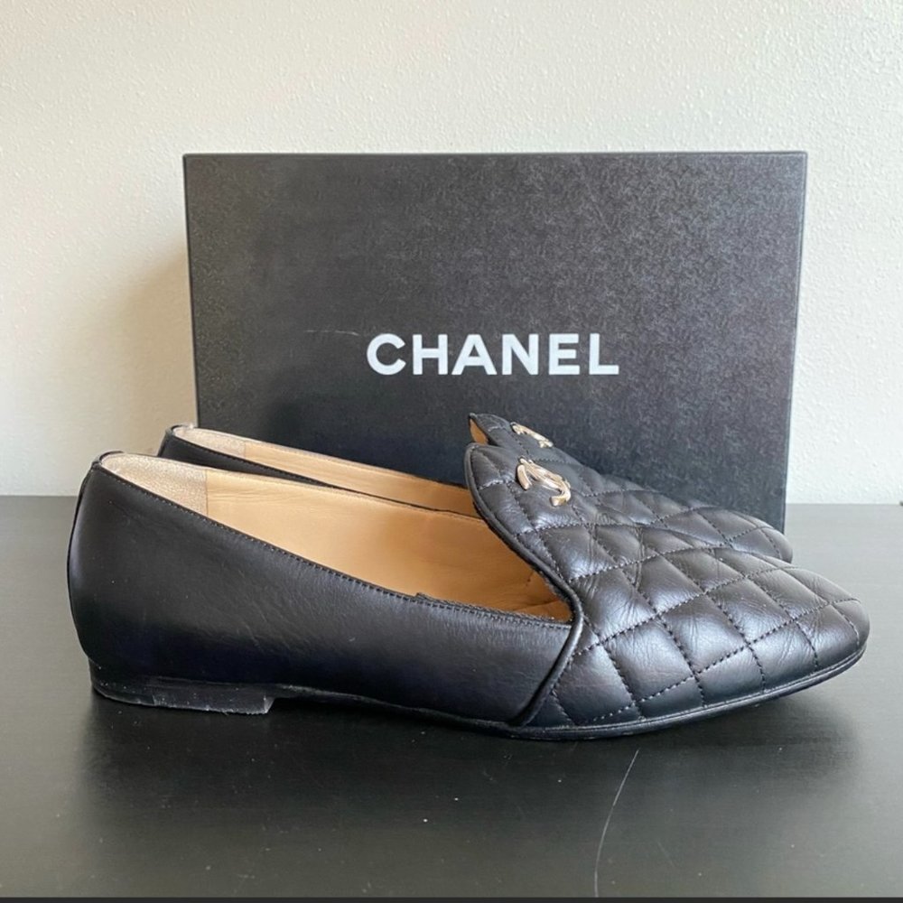 CHANEL Black Lambskin Quilted Leather Loafers Silver CC 37.5 7 7.5 Shoes Box - Picture 5 of 12